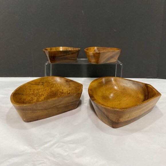 Vintage Monkey Pod Style Wood Triangle Nut Candy Trinket Bowls Set Of 4 - Picture 6 of 12